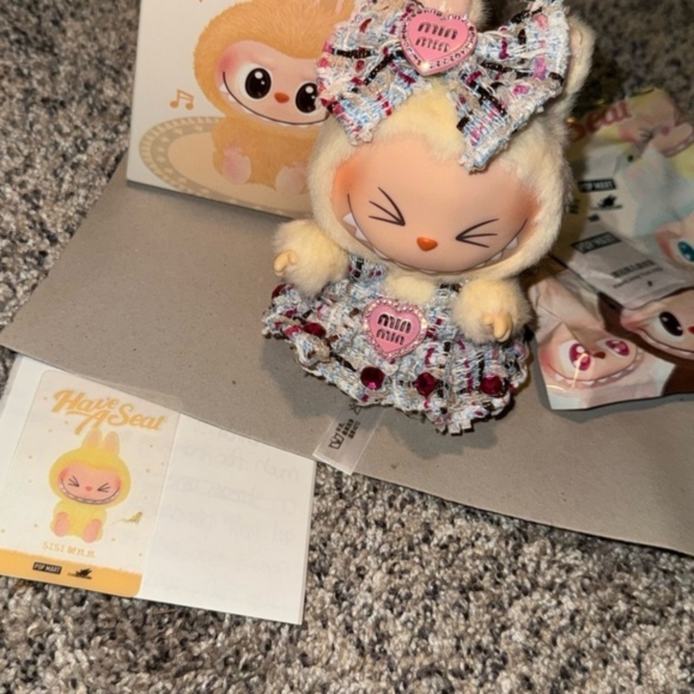 Authentic POP MART Labubu SISI Have A Seat Plush in Custom Miu Miu Inspired Dres